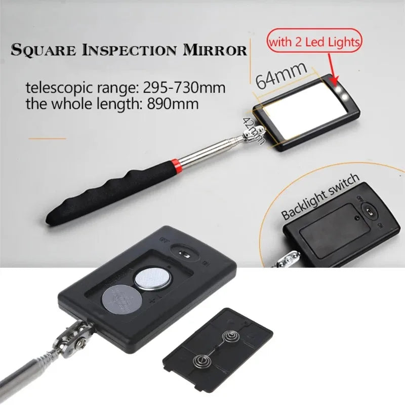 Car Mirror Portable Telescoping Flexible Head Inspection Mirror LED Light Adjustable 360 Degree Swivel Viewing Auto Hand Tools Oasis Select