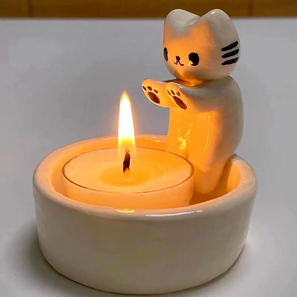 Cat Candle Holder Cute Cartoon Tealight Tray Funny Wax Melter for Living Room Bedroom Desk Fireplace Home Decor Centerpiece Oasis Select