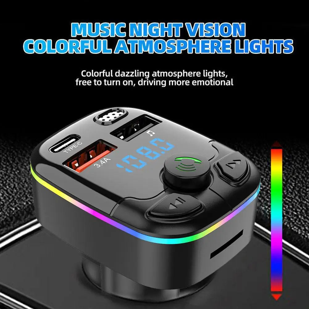 Bluetooth 5.0 FM Transmitter Car Charger – Dual USB & Type-C