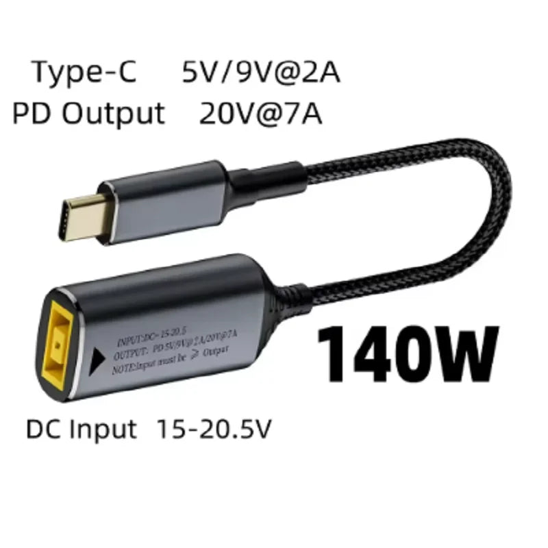  ﻿ 65W 100W 140W Type-C USB C to Square Plug Fast Charging Cable for Lenovo Laptop Charger DC 5V/9V/20V PD Adapter Converter Oasis Select 140W Cable