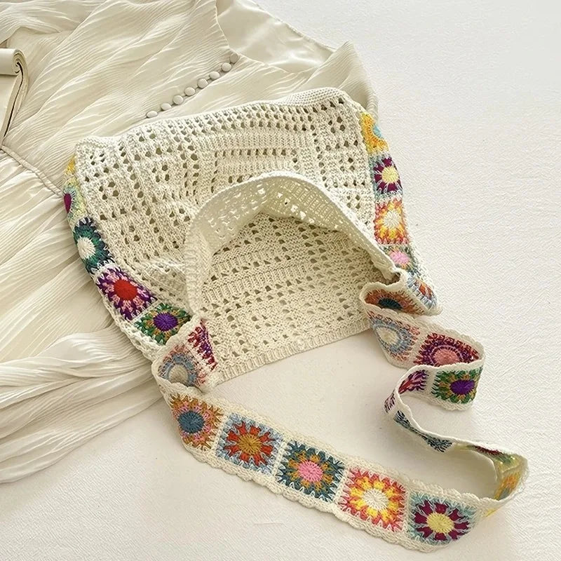 Women's Boho Crochet Bag Designer Flowers Knitted Handbags Large Capacity Summer Beach Woven Shoulder Bag Girls Tote Shopper Bag Oasis Select
