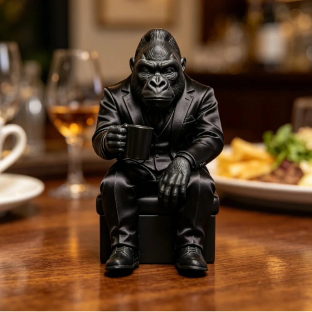 Suit Gorilla Figurine Coffee Drinking Gorilla Statue 3D Printed Sitting Posture Bookshelf Edge Ornament Creative Desk Decor Gift Oasis Select