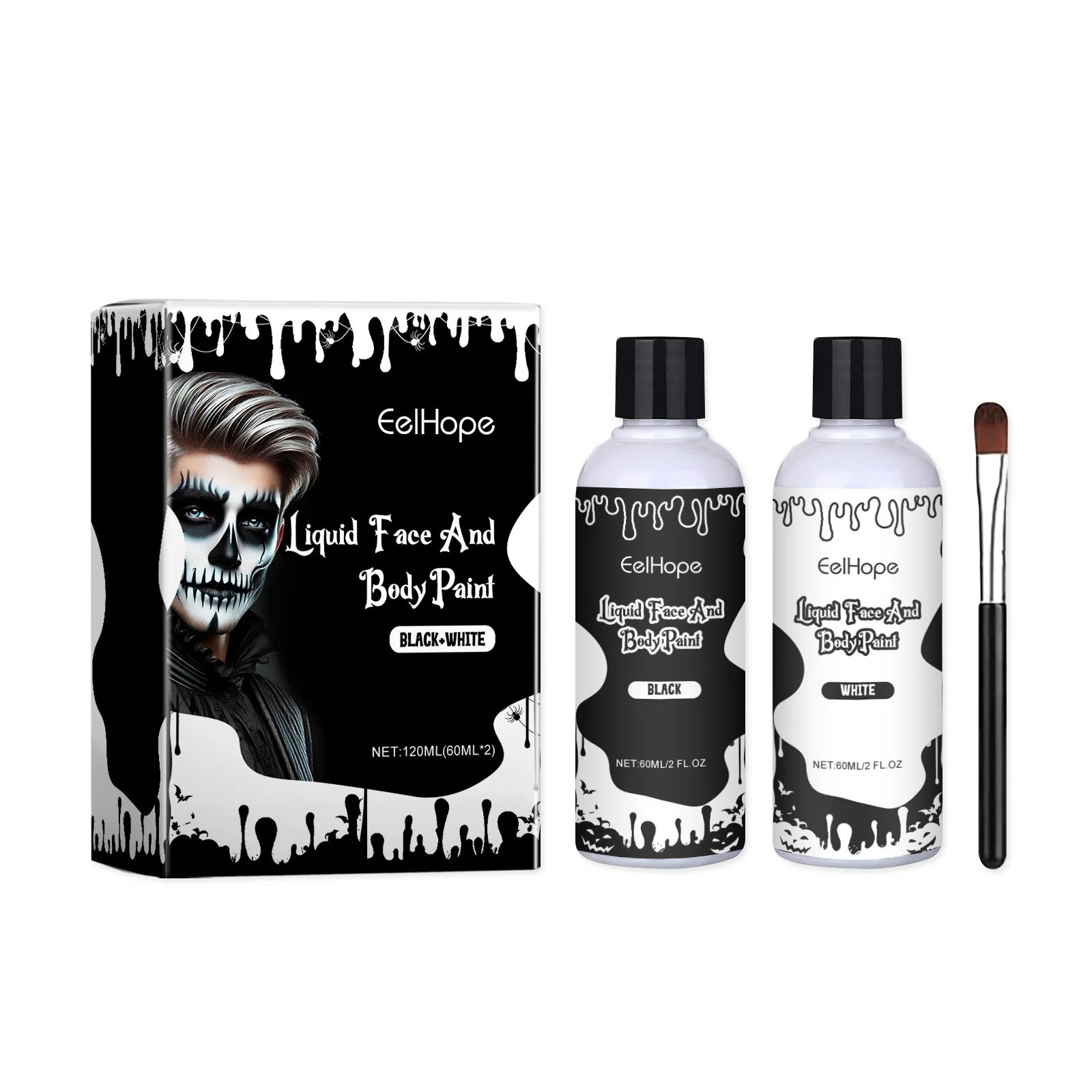 Halloween Liquid Face & Body Paint Black White 120ml | Eelhope