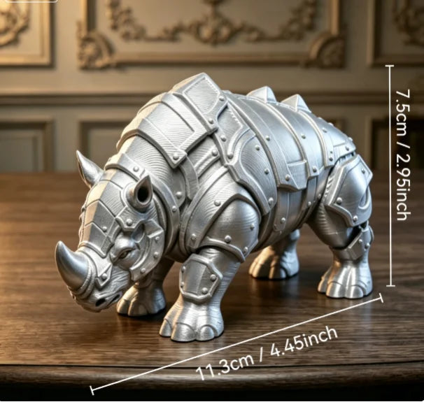 Mecha Armored Rhino Mini Figurine 3D Printing Medieval Rivet Rhinoceros Sculpture Cool Tabletop Ornaments Decor for Study Office Oasis Select Rhinoceros Silver