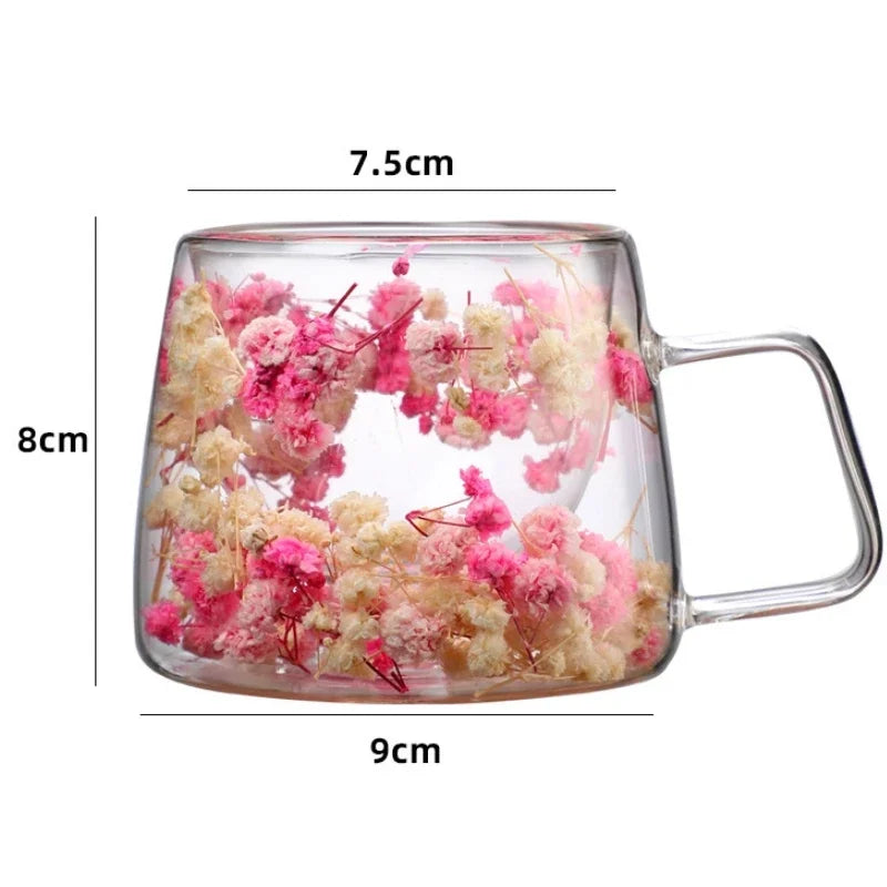 Double-Walled Glass Coffee Cup, Built-In Real Flower Design,Transparent Glass Coffee Cup for Hot & Cold Beverages, Tea, Latte Oasis Select