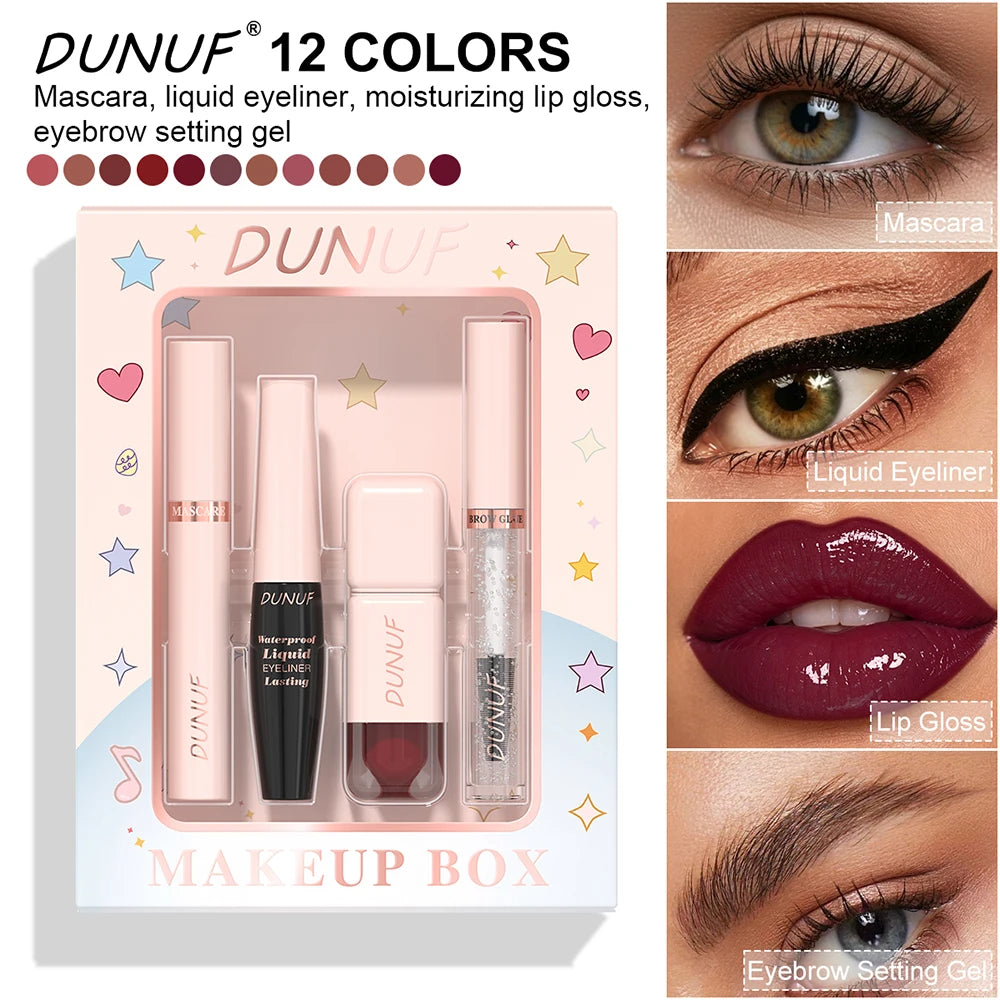 DUNUF 4-in-1 Makeup Gift Set Waterproof Long-Lasting Mascara Liquid Eyeliner Brow Setting Gel Moisturizing Lip Gloss with Mirror Oasis Select