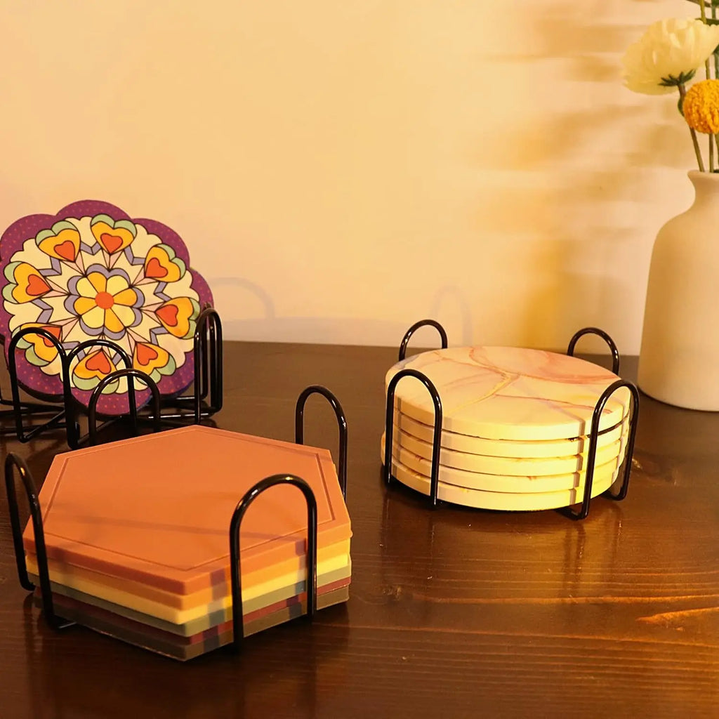 4pcs coaster, coffee cup cushion square or round cup cushion decorated with metal brackets for home wrought iron shelves Oasis Select