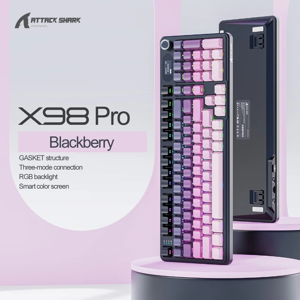 Attack Shark X98 Pro Mechanical Keyboard 3-Mode Wireless (BT/2.4G) Gasket Mount Hot-Swap RGB & TFT Screen | 4000mAh 80% Layout Oasis Select X98pro-Blackberry