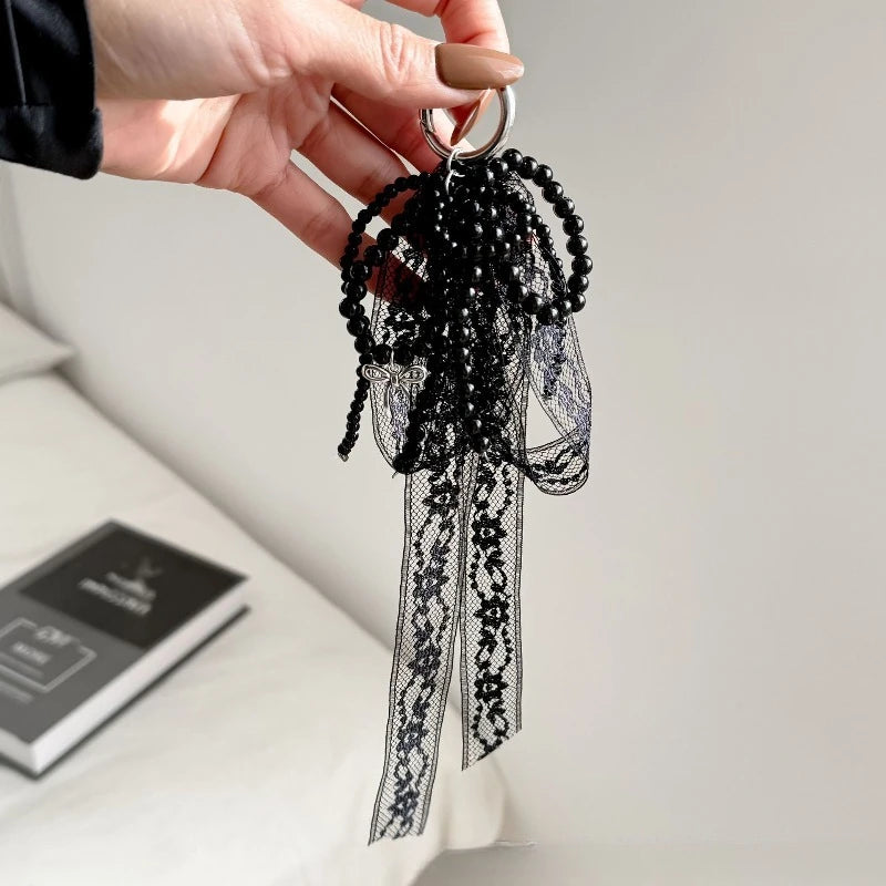 Korean Ins Niche Pearl Lace Bow Decoration Fashionable High-end Texture Fresh Bag Pendant Car Keychain Oasis Select