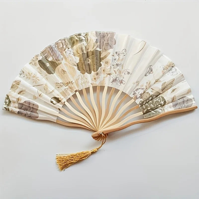 Traditional Chinese Ink Painting Folding Fan Portable Bamboo Cloth Hand Fan with Floral Pattern and Tassel for Qipao Accessory Oasis Select