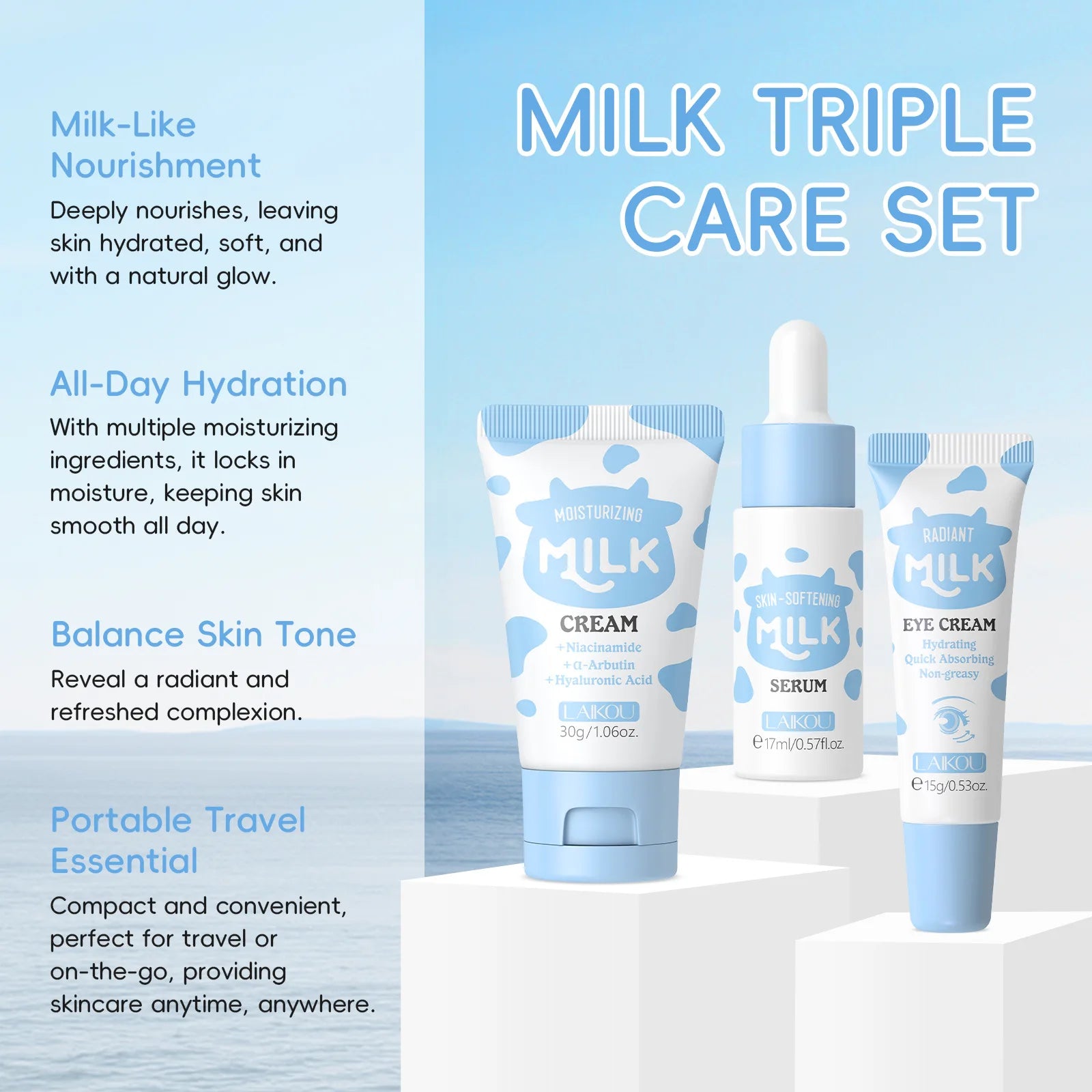 LAIKOU Milk 3pcs Travel Skin Care Set Niacinamide Hyaluronic Acid Serum Eye Cream Moisturizer Hydrating Brightening Glow Skin Oasis Select