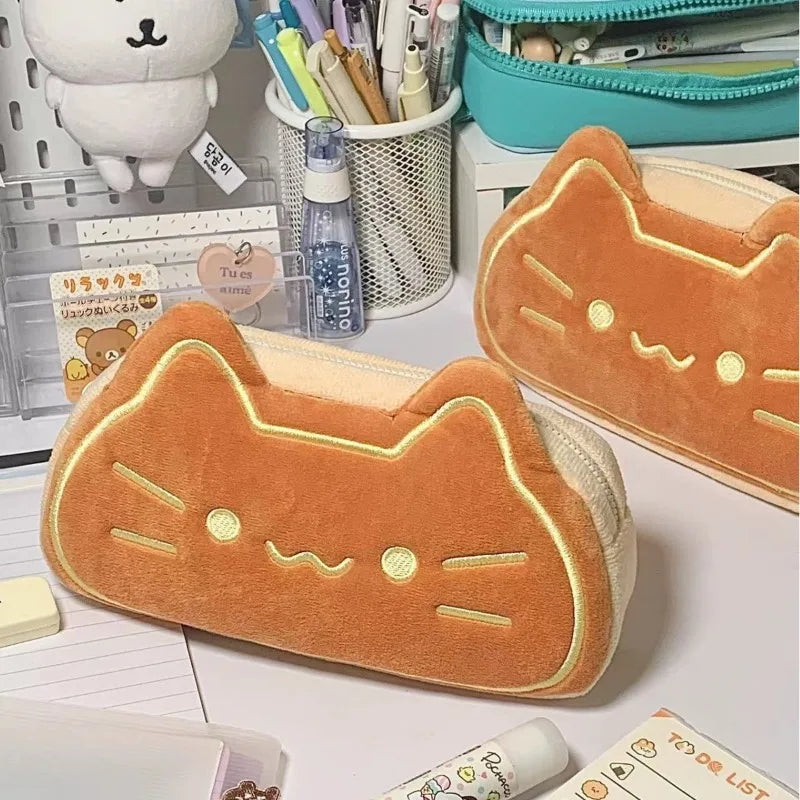 Cute Cat Caramel Bread Plush Pencil Bag Kawaii Student Large Capacity Stationery Bag Kitten Pencil Pouch Back To School Supplies Oasis Select