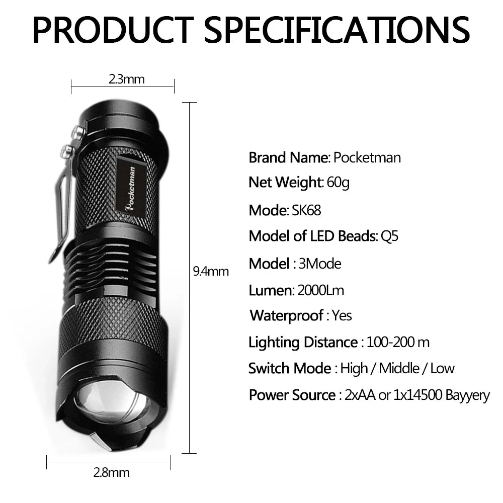 POCKETMAN Zoomable LED Flashlight 2000LM | 3 Modes, Waterproof