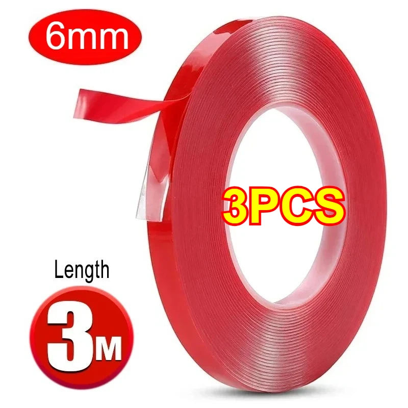 Car Strong Double Sided Adhesive Stickers Tape Nano Transparent Reusable Waterproof Auto Tape Clean Tools Car Protect Sticker Oasis Select 6mmx3M-3PCS