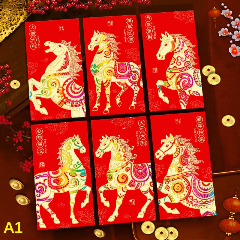 6Pcs/set Chinese New Year Money Envelope Horse Year Red Envelope Red Pocket Spring Festival Envelope Oasis Select A1