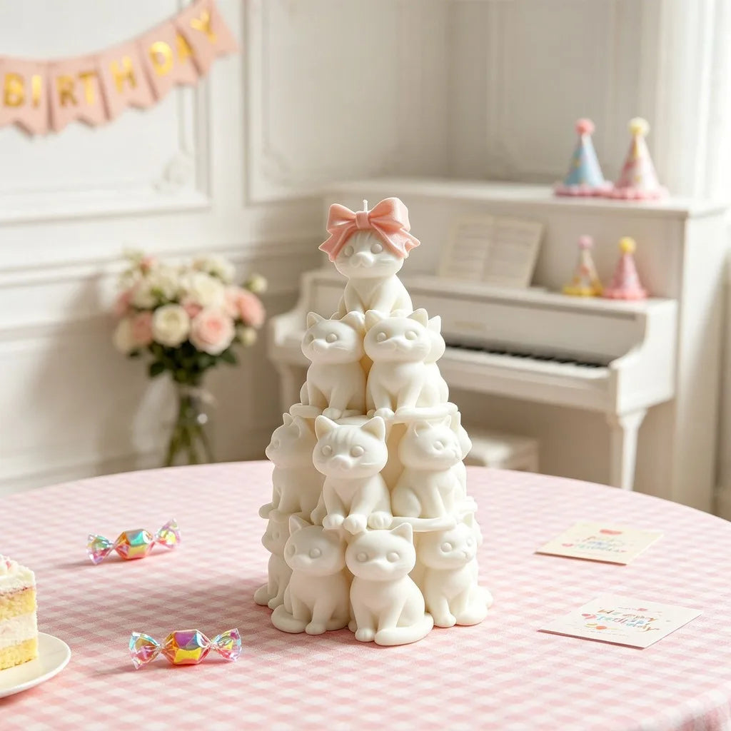3D Stacked Cats Tower Silicone Mold Cute Bow Cat Shape Mold for DIY Candle Plaster Home Decoration Crafts Oasis Select