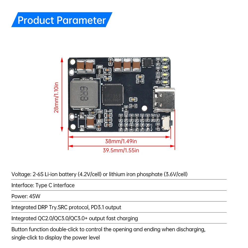 Type C IP2369 45W 2S~6S Lithium Battery Charging Discharging Module Li-ion/LiFePO4 Battery Charger Power Banks Electric Tool Oasis Select