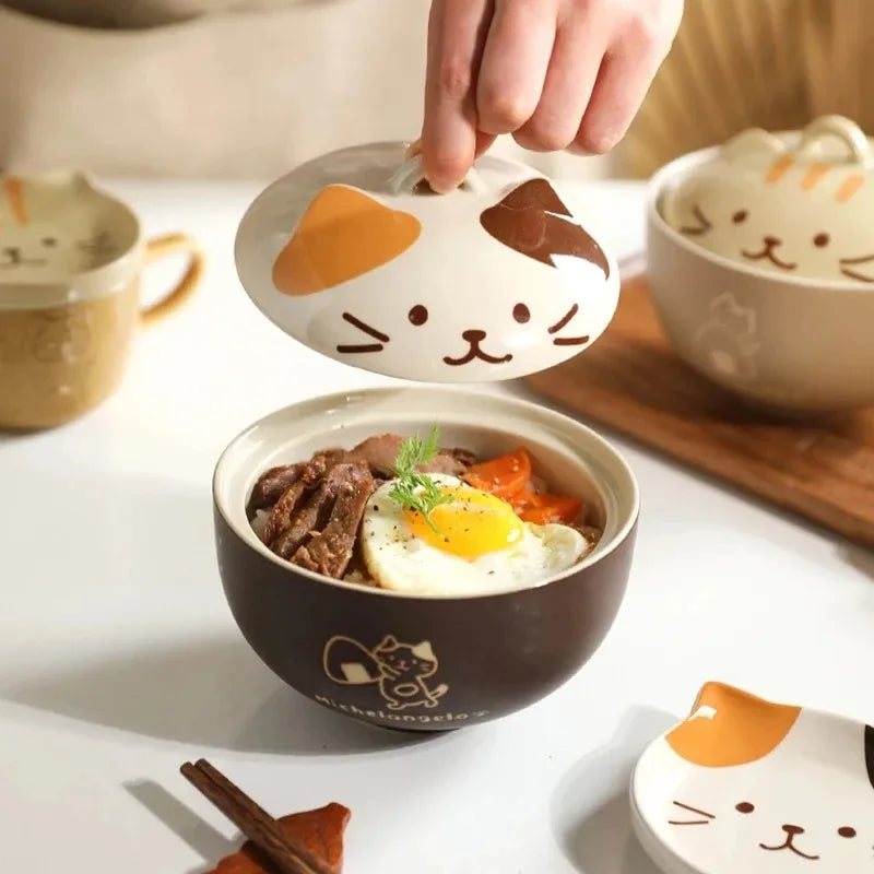 1pcs Japanese Tableware Cute Cat Ceramic Bowl Large Capacity Household Soup Bowl Student Instant Noodle Bowl with Lid Oasis Select