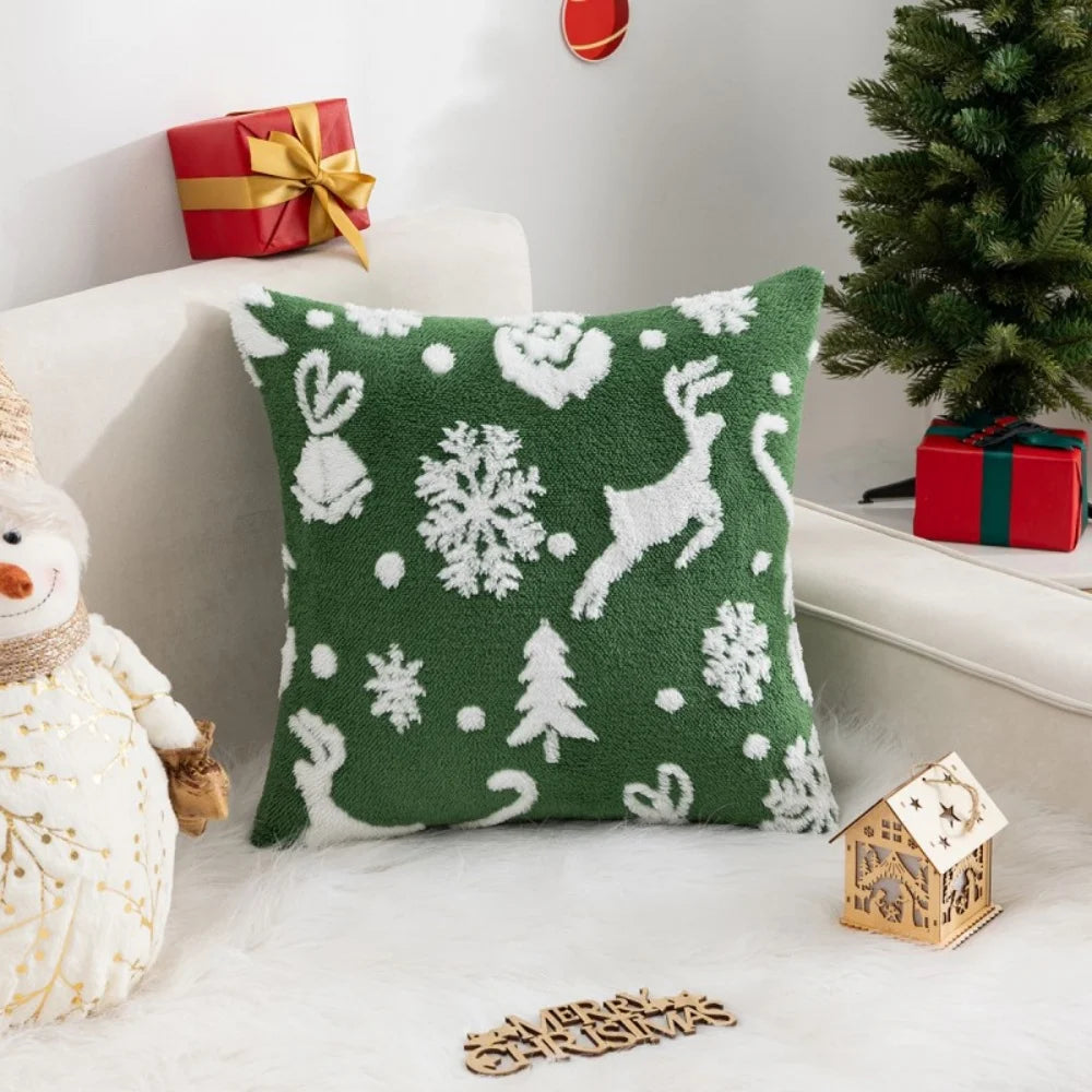 Christmas Throw Pillow Cover Christmas Tree Snowflake Elk Jacquard Plush Pillow Case Holiday Decor New Year's Home Cushion Case Oasis Select Green 2