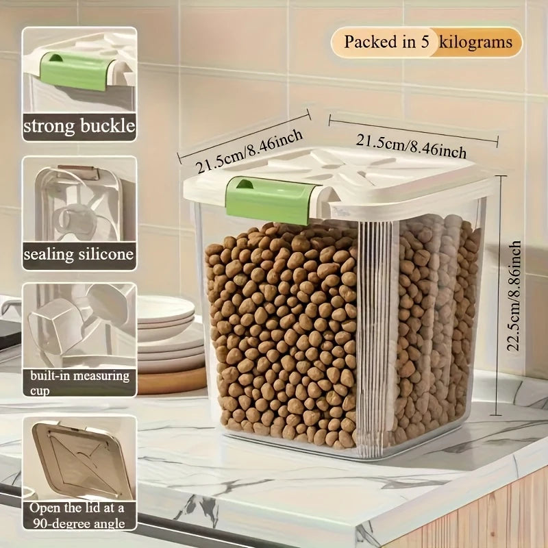 Large-capacity pet food storage bin with wheels. Features a built-in measuring scoop and a snap-on lid,keep pet grain dry. Oasis Select 5kg