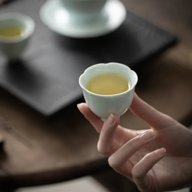 Flower Shaped Cup Ceramic Pure Color Tea Cup Tea Cup Single Cup Thin Body Household Celadon White Porcelain Tea Cup Oasis Select