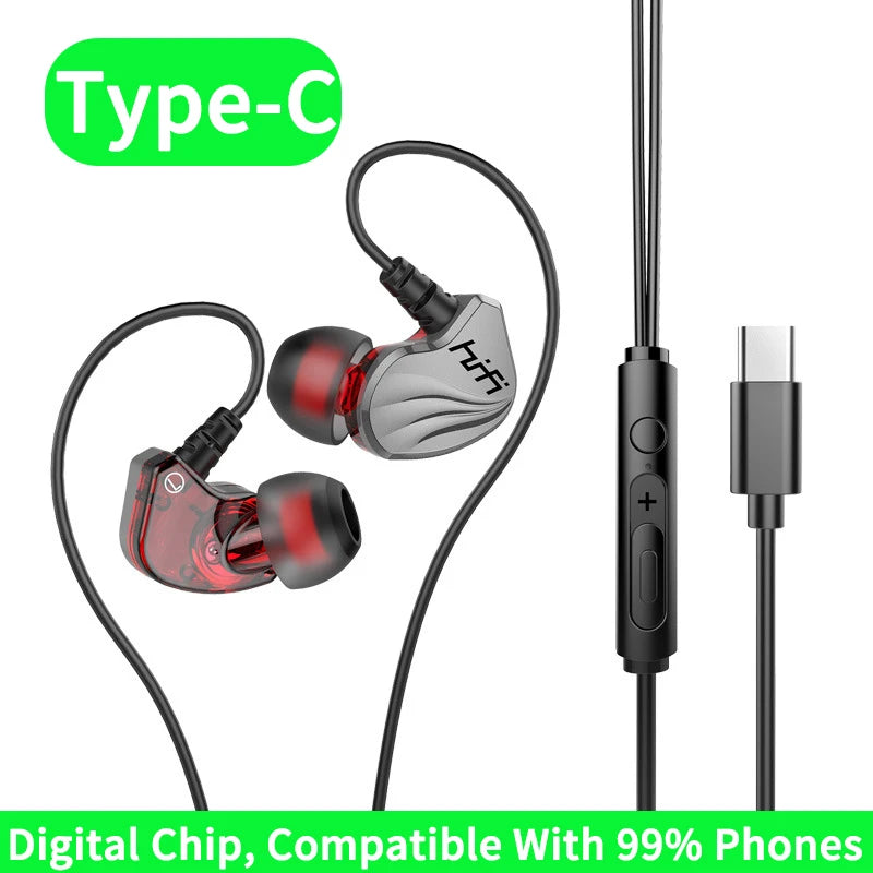 Wired Earphone 3.5mm AUX/Type C In-Ear HIFI 6D Surround Bass In-Ear Game Music Headsets With MIC For Samsung Huawei Xiaomi PC Oasis Select T2000 Type-C Gray