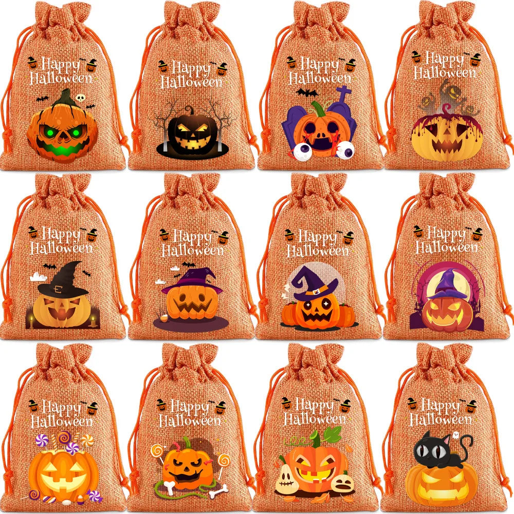 StoBag 12pcs Wholesale Halloween Linen Bag Gift Candy Packaging Drawstring Small Storage Kids Child Pouches Trick or Treat Party Oasis Select F-12PCS other