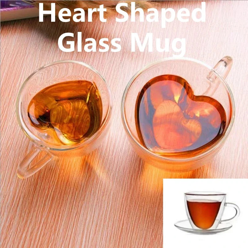 Heart Shaped Mug Double Wall Glass Cup Heat-Resisting Solid Color Wine Glasses Tea Mugs Milk Espresso Coffee Cup for Gift Oasis Select