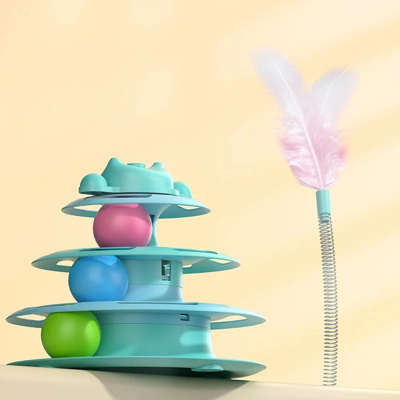 1pcs 4-Layer Feather Cat Turntable With Fun Toy Ball And Playing Stick - Interactive Toy For Cats Oasis Select green