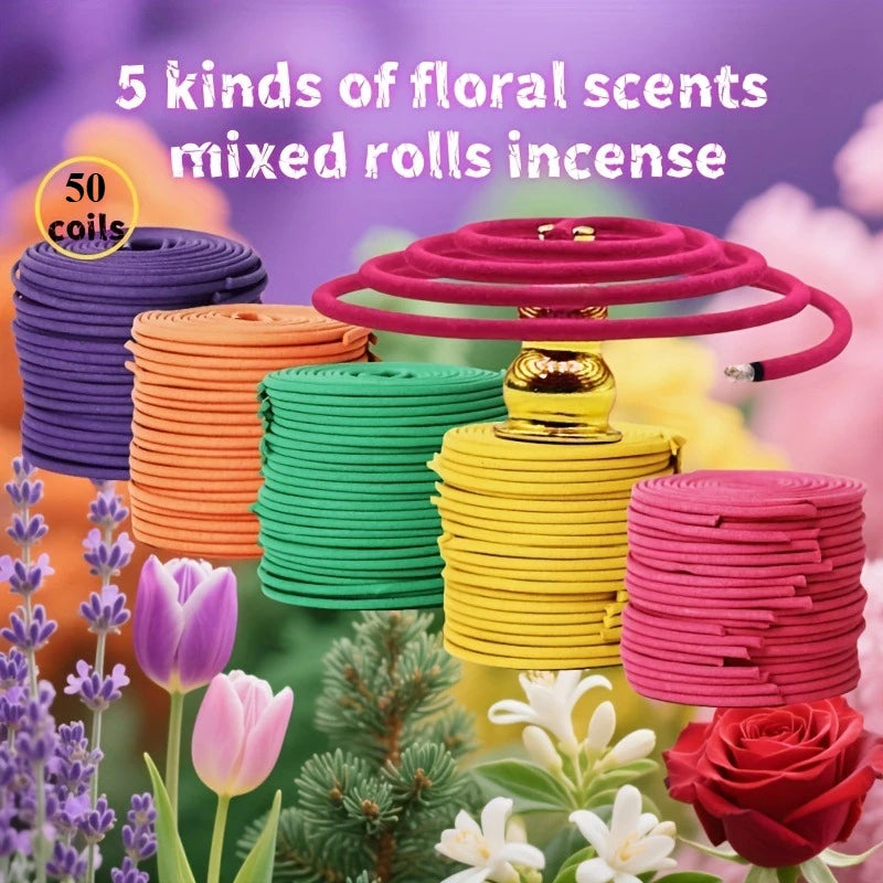 Mixed Fragrance Incense Sticks Spiral Shape Coil Incense Lemon Rose Jasmine Lavender Orange, 3-4 Hours Burn Time, Mild Fragrance Oasis Select