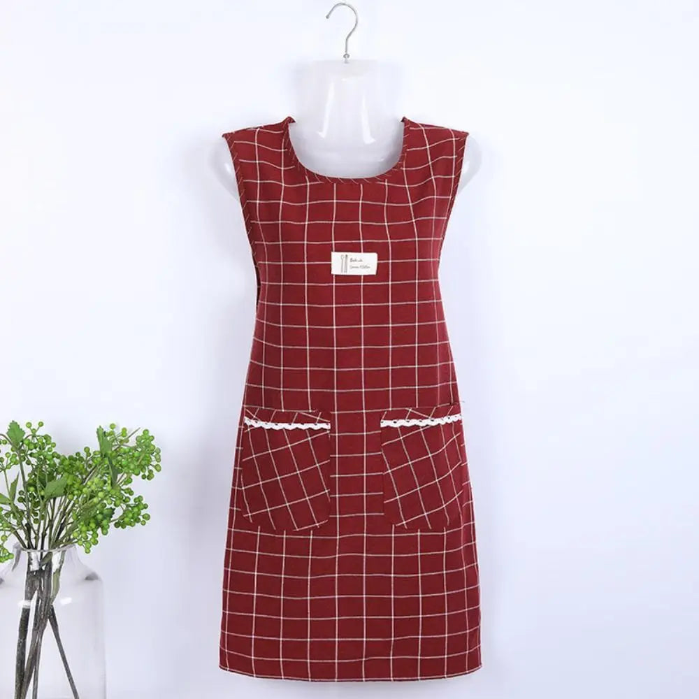 Women's Plaid Cotton Sleeveless Apron – Oil-Proof, Large Pocket