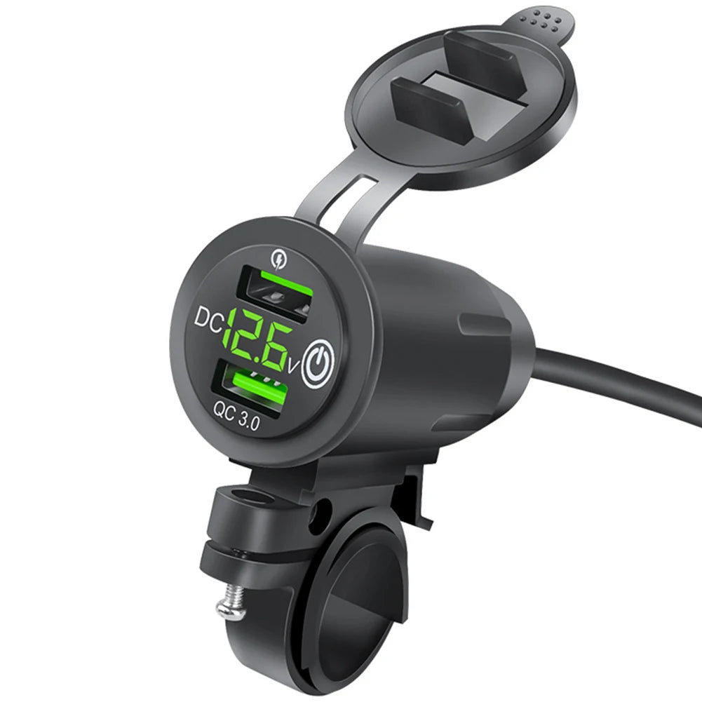 Dual QC 3.0 Waterproof Motorcycle USB Charger with Voltmeter