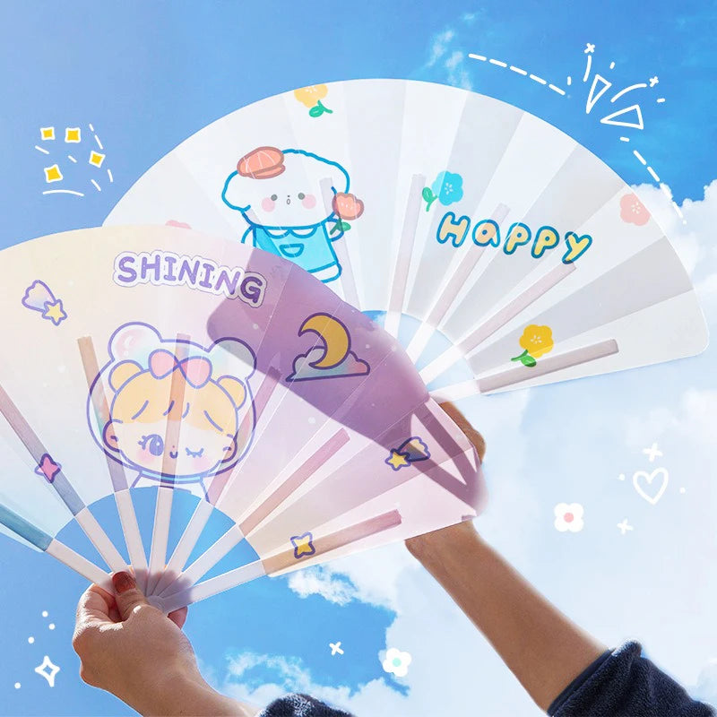 Cartoon Hand Crank Cool Fan Creative Summer Small Fresh Cute Portable Folding Fan PP Plastic Folding Fan for Student Children Oasis Select