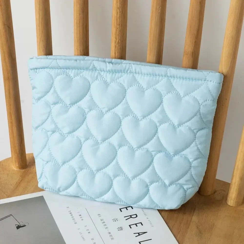 Fashion Korean Large Capacity Cosmetic Bag Women Soild Heart Quilting Handbag Portable Travel Lipstick Makeup Storage Bags Oasis Select Blue