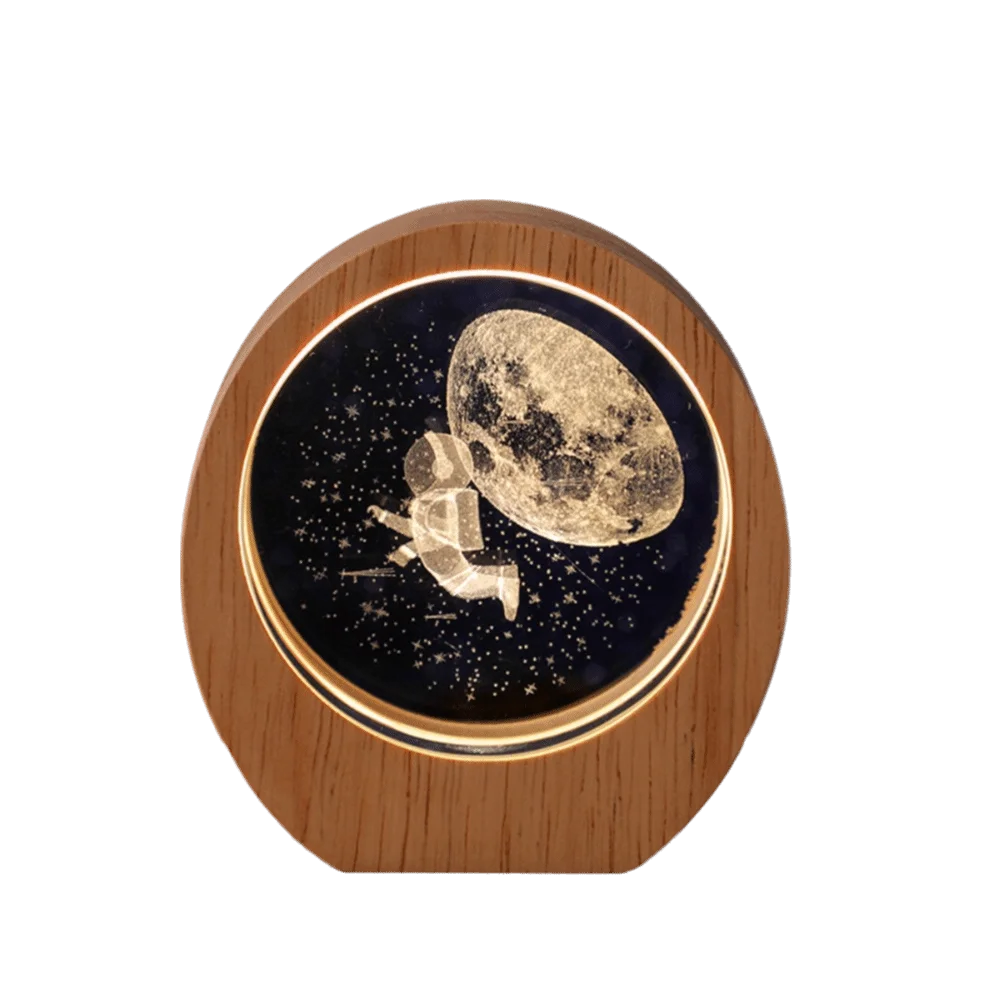 3D Solar System Planet Night Light – Wood Base Crystal Glow