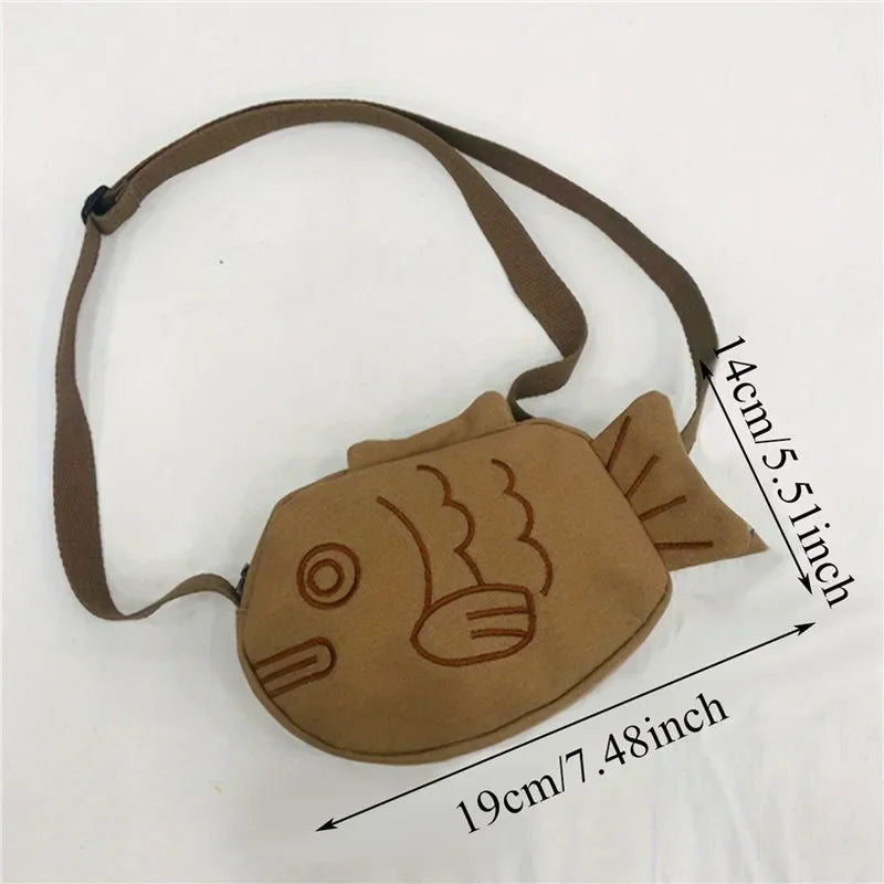 Fish Shape Canvas Messenger Bag Fashion Cute Embroidery Portable Zippered Small Purses Handbags Mini Crossbody Bag Oasis Select