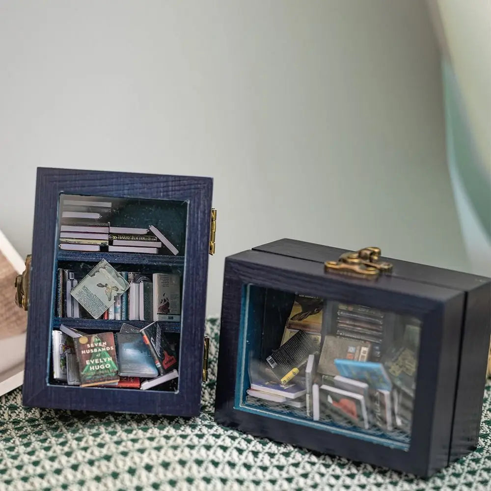 Miniature Wooden Bookshelf with 60 Mini Books – Desk Décor Toy Miniature Desk Toy Oasis Select