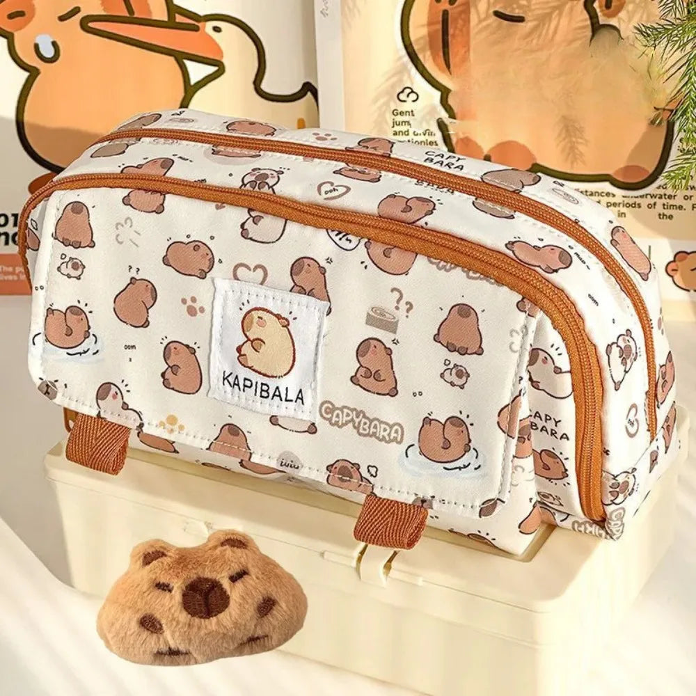1 Piece Cute Capybara Pencil Case for Student Cartoon Anime Cat Paw Creative Pencil Bag High Capacity Stationery Storage Bag Oasis Select With Doll Brooch