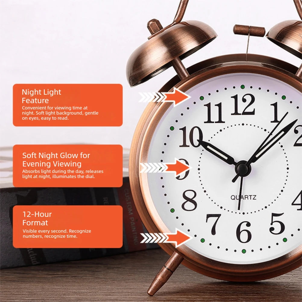Vintage Twin-Bell Alarm Clock | Silent Sweep & Night Light