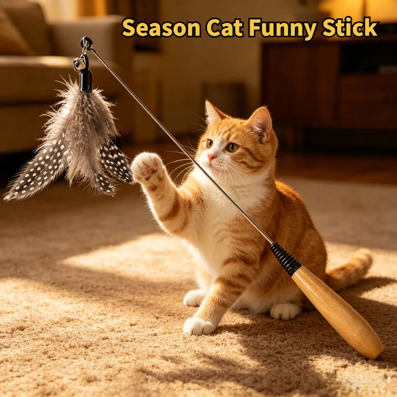 Spring Teasing Cat Stick Wooden Handle Cat Teaser Stick Toy Feather Funny Simulation Fishing Rod Bell Squeaky Cat Toy Oasis Select