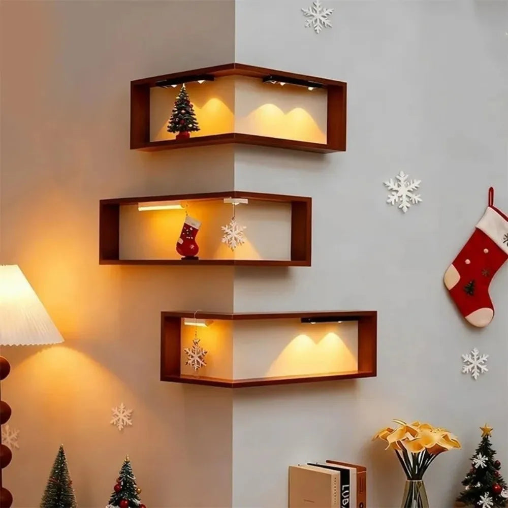 90° Corner Floating Wall Shelf – Bamboo Wood Display Storage