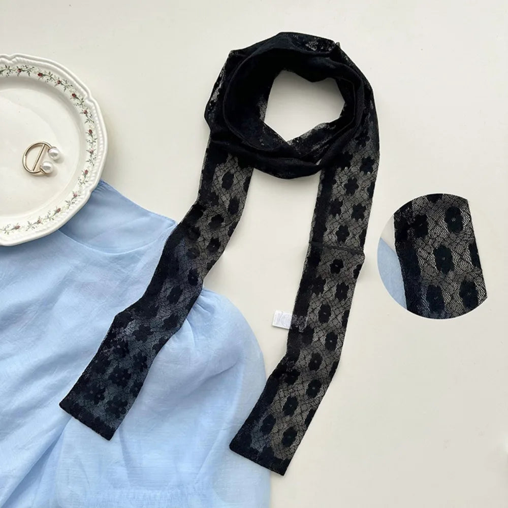 French Style Lace Long Scarf Dots Flower Elegent Hair Band Neckerchief Multi-functional Dressing Decoration Neck Strap Women Oasis Select 3-Black