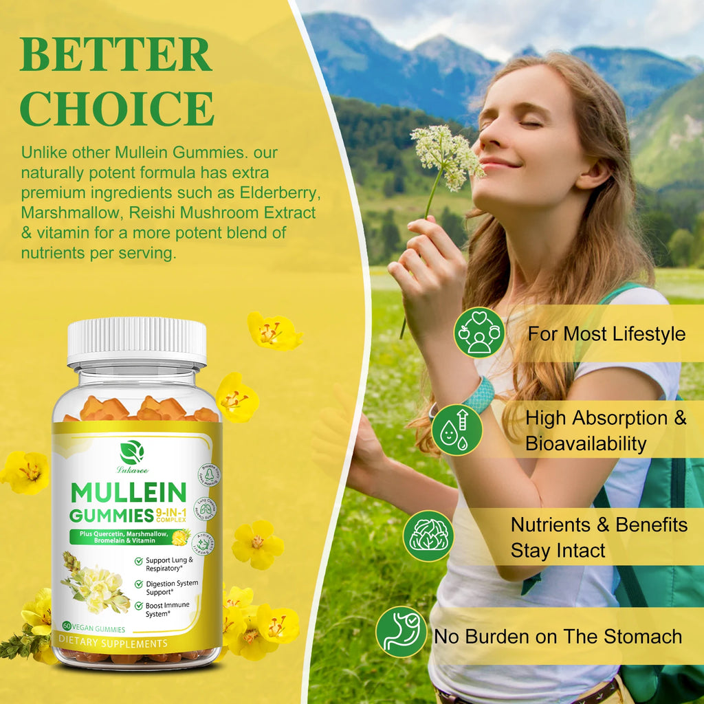 Lukaree 2Bottles 1000mg Mullein Gummies Lung Cleanse Support Respiratory Health Support Immune Health and Antioxidant Oasis Select