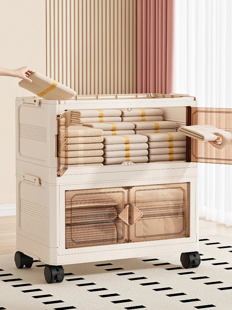 45cm Foldable Width Plastic Storage Box with Wheels Multi-Layer Clothing Cabinet Organizer for Books Kitchen Oasis Select