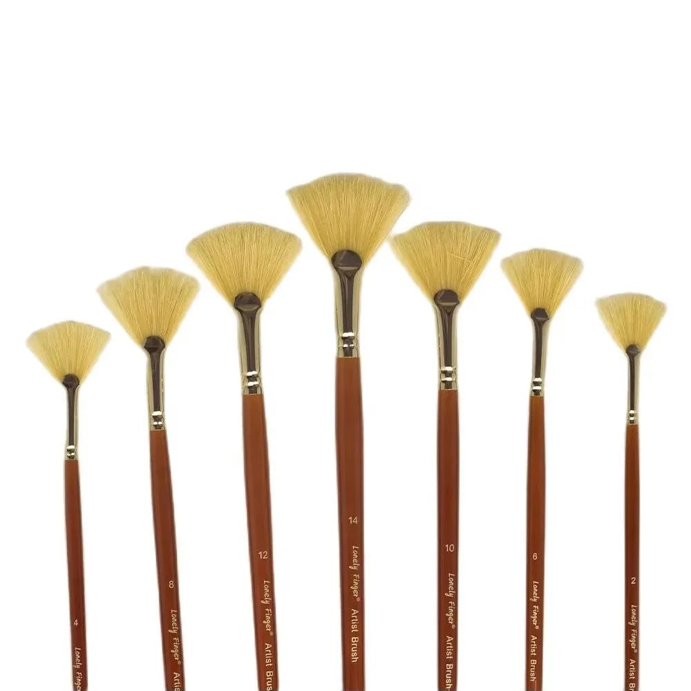 7/14pcs Artist Fan Paint Brush, Hog Bristle Natural Hair Anti-Shedding Brush Tips, Long Wooden Handle for Comfortable Holding Oasis Select 7pcs Bristle Fan