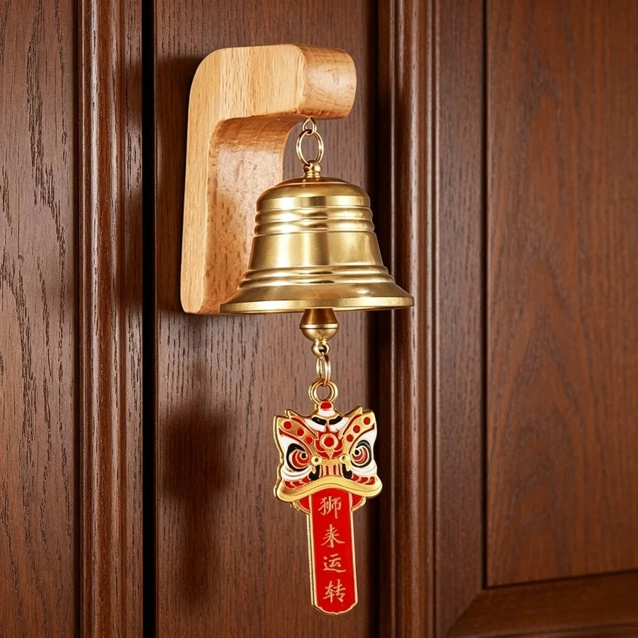 Natural Solid Wood Door Knocker with Brass Lion Head Magnetic Striking Wind Bell Elegant Entryway Ornament Delicatefor Household Oasis Select