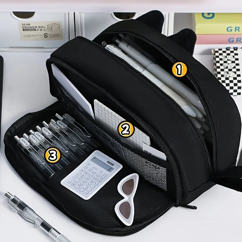 1pc Cute 3D Black Cat Pencil Bag,Large Capacity Polyester Pouch,Cute Paw Design for School Office,Gift for Cat Lover Pencil Case Oasis Select