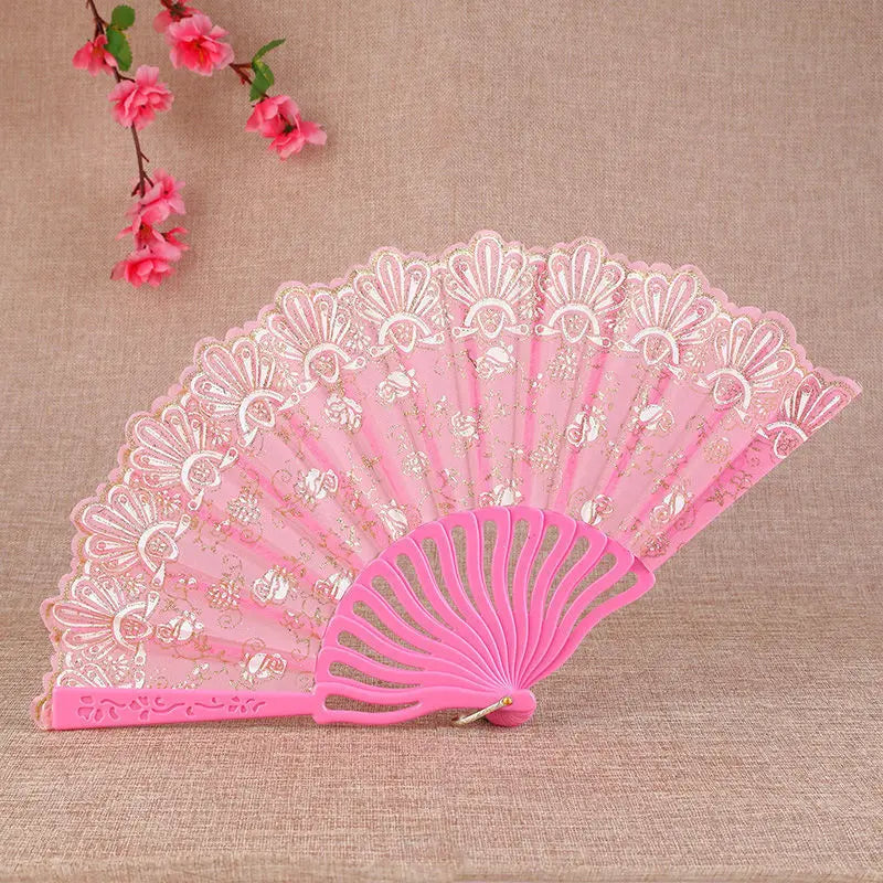 Little Flower Rose Folding Fan Ancient Style Held Dance Fans Party Wedding Prom Dancing Summer Fan Accessories Oasis Select Pink-1pc