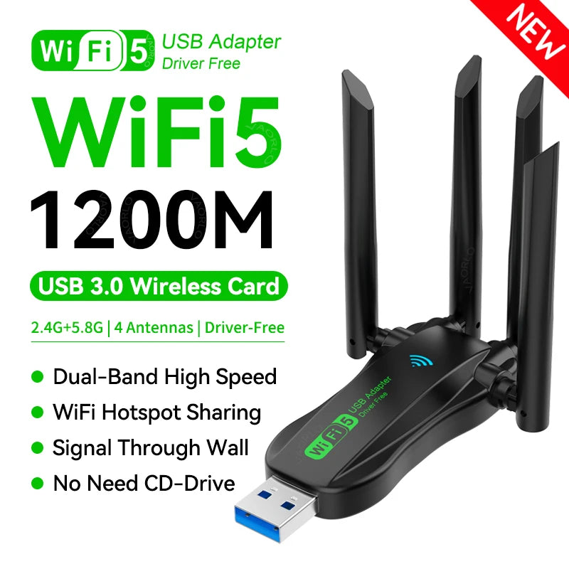 VAORLO 1200Mbps WiFi USB Adapter WiFi5 Dual Band 2.4G+5.8Ghz 4 Antenna Dongle USB3.0 High-Speed Wireless Card Receiver PC/Laptop Oasis Select