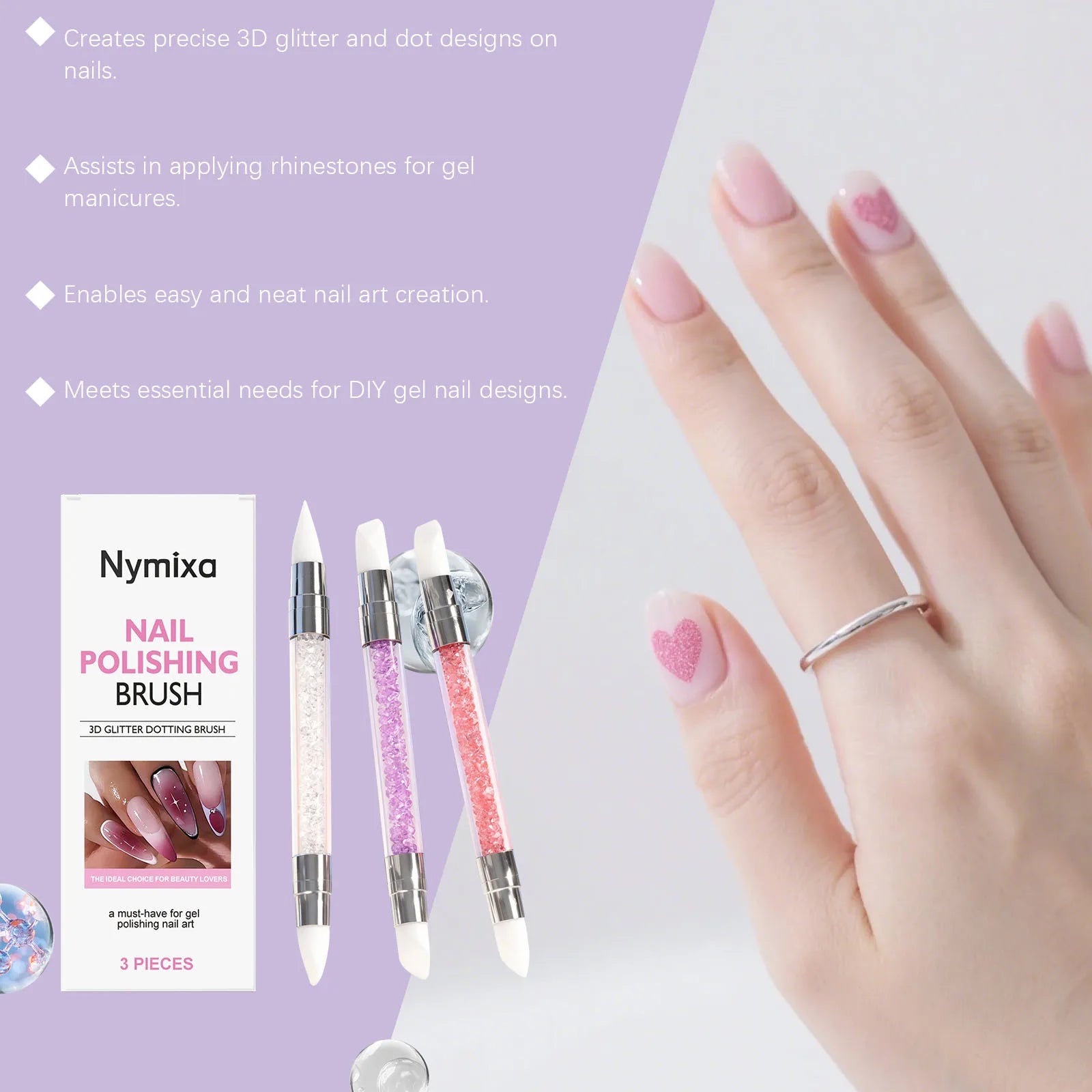 Nymixa 3-Pc Dual Head Silicone Nail Art Pen – Glitter & Dotting Nail Art Pen Set Oasis Select